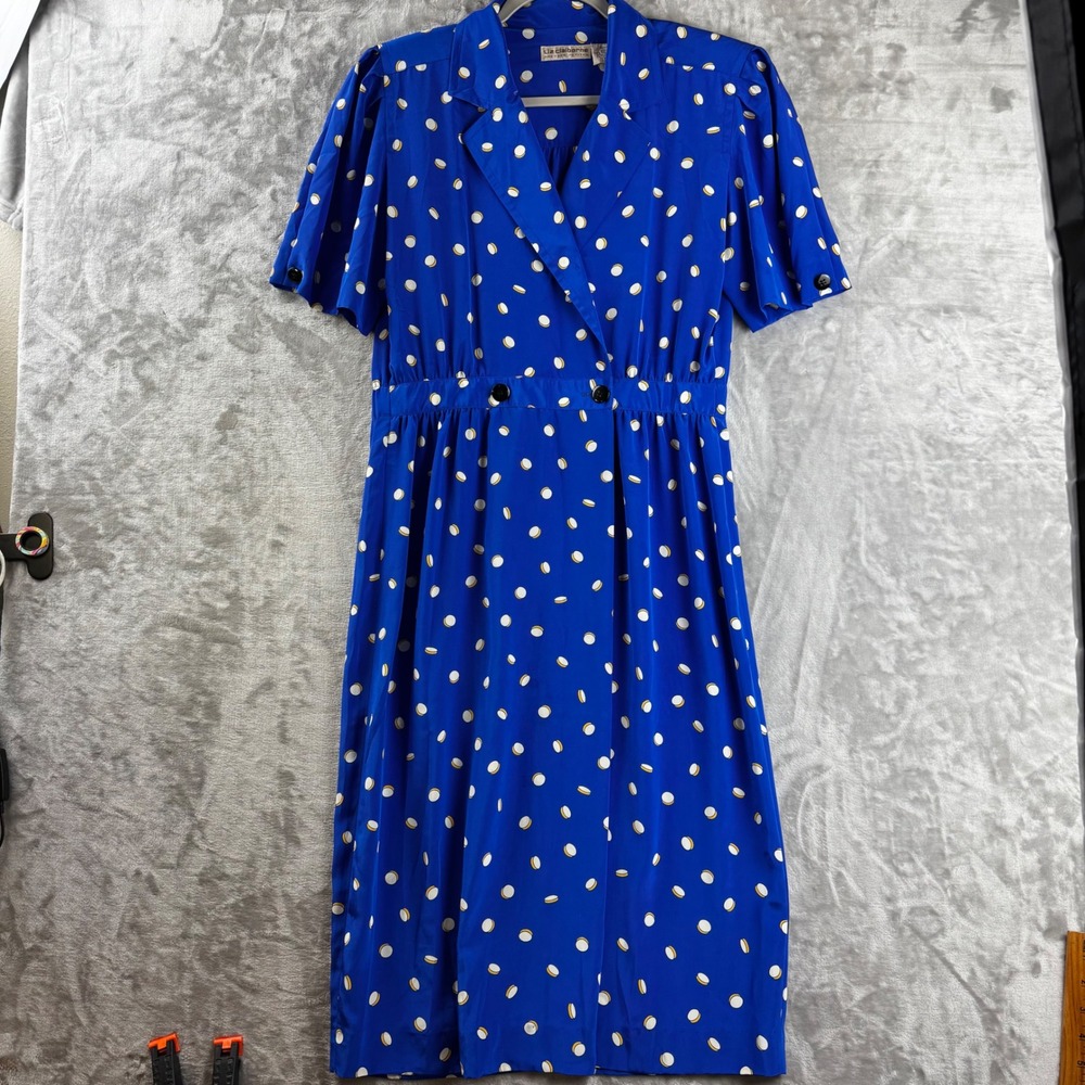 Liz Claiborne Wrap Dress Womens 10P Blue Polka Dot Short Sleeve Vintage (1716)‎